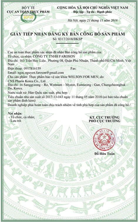 giấy chứng nhận welson for men